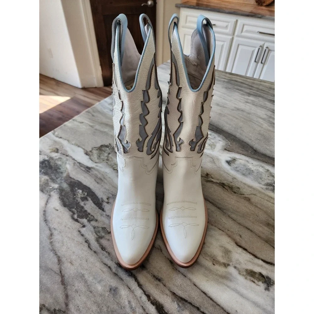 NWT Mutma Free People Alfa Western Boots Leather White‎ Blue Size 9 Gameday